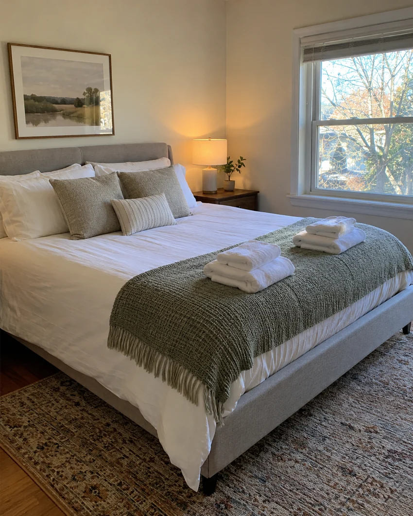 Made bed with fresh white towels, sage throw and bedside lamp