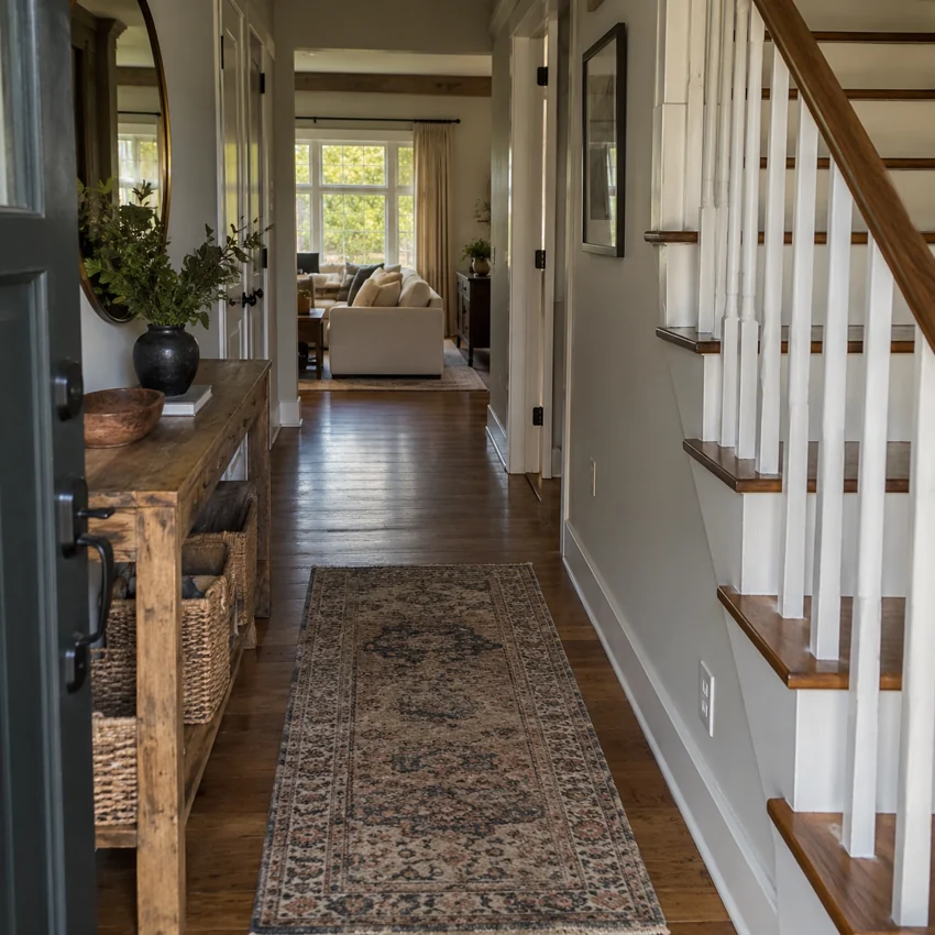 Clean timber hallway, runner rug and bright living room