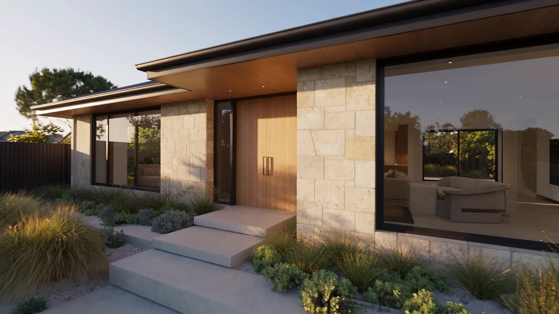 A sunlit stone-and-timber home. Scroll to move inside and watch the cleaning through the living room and kitchen.